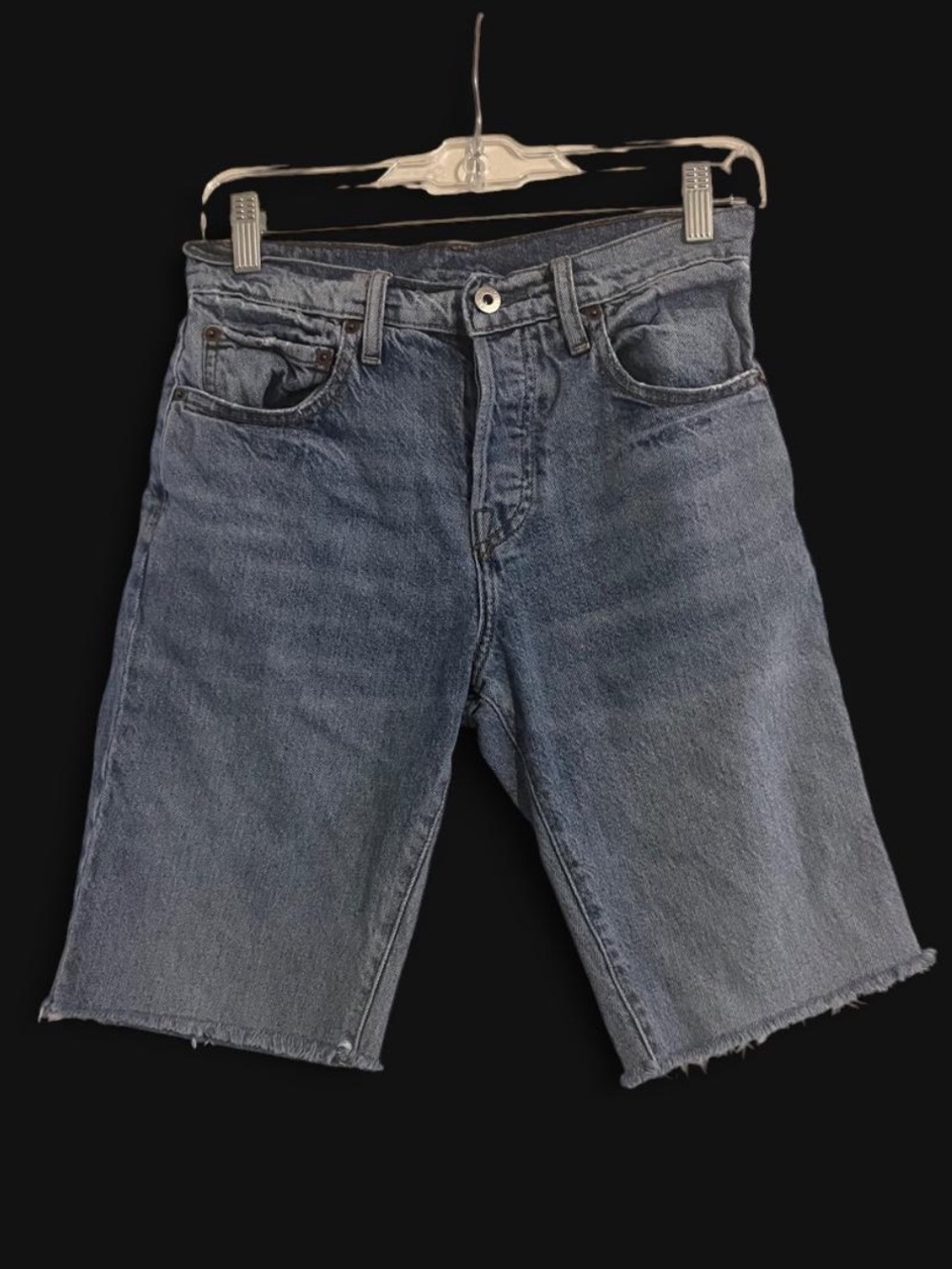NSF Light Blue Denim long Shorts with button fly closure